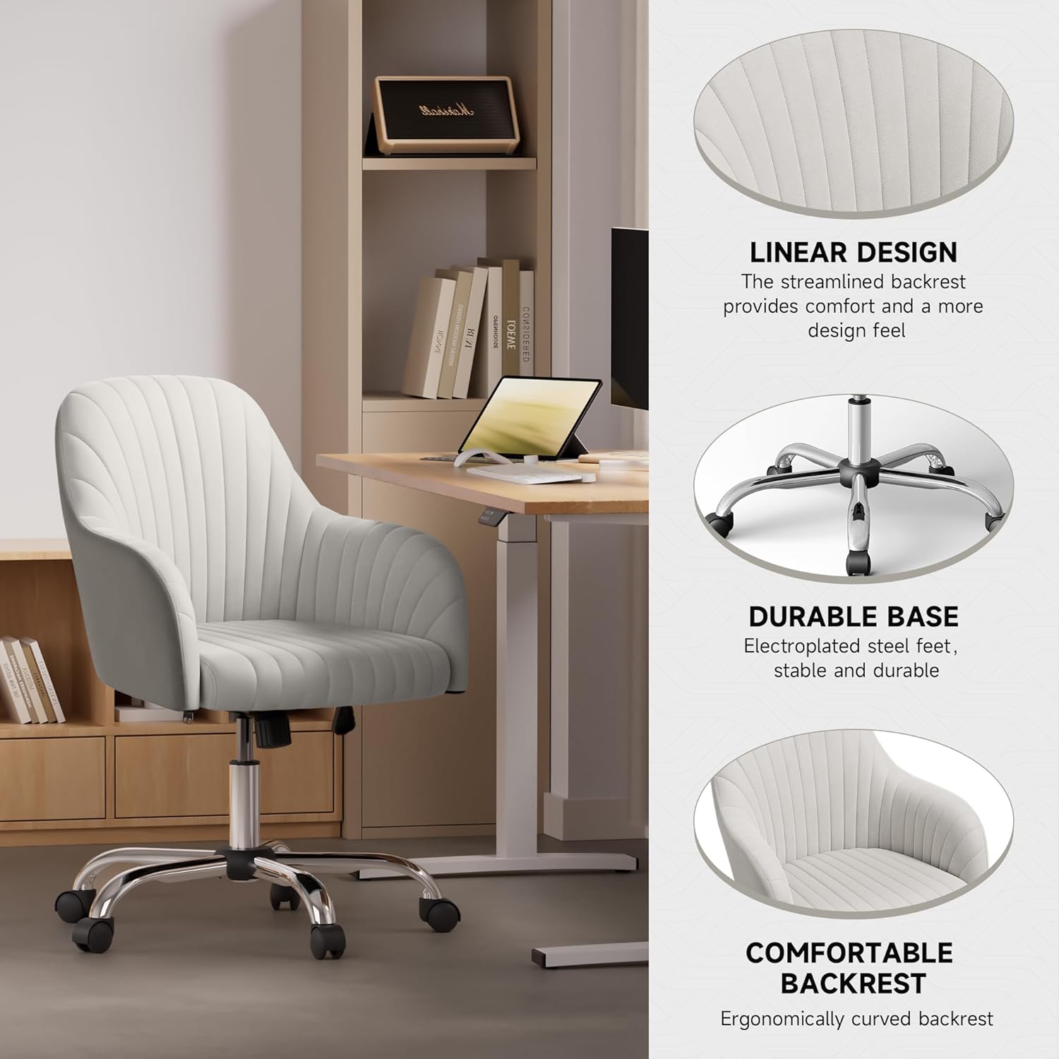 Warmiehomy Upholstered Velvet Office Chair with Armrests, Beige Q129488
