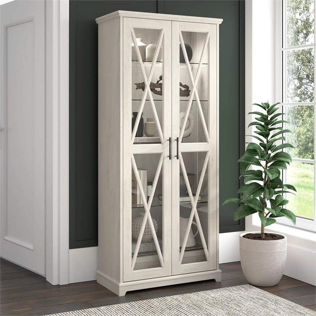 Bowery Hill Engineered Wood Curio Cabinet with Glass Doors in Linen White Oak N911429