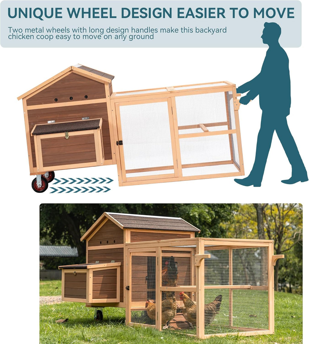 PETSFIT Large Chicken Coop Tractor 81" Hen House for 4-8 Chickens with Nesting Box and Wheels R30358