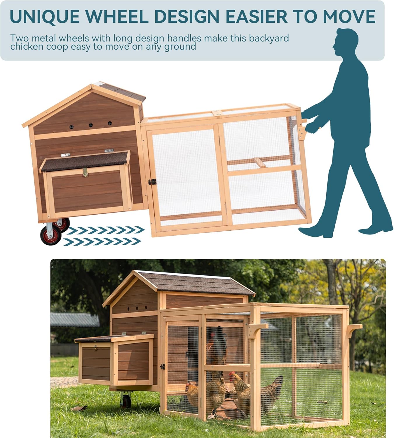 PETSFIT Large Chicken Coop Tractor 81" Hen House for 4-8 Chickens with Nesting Box and Wheels R30358