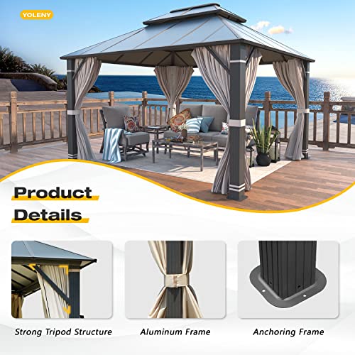 YOLENY 10' x 12' Hardtop Gazebo with Galvanized Steel Double Roof, Netting and Curtains Y84317