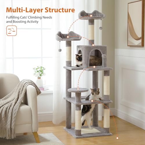 63'' Cat Tree Tower with Condo, Scratching Post, Grey D38106
