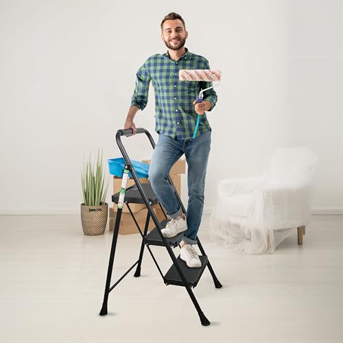 3 Step Ladder, Portable Steel Folding Stool with Anti-Slip Pedal, Black T5115