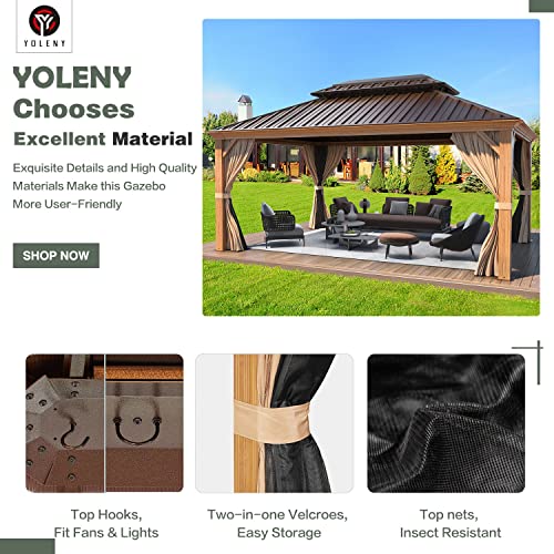 YOLENY 10' x 12' Hardtop Gazebo with Galvanized Steel Double Roof, Netting and Curtains Y84317
