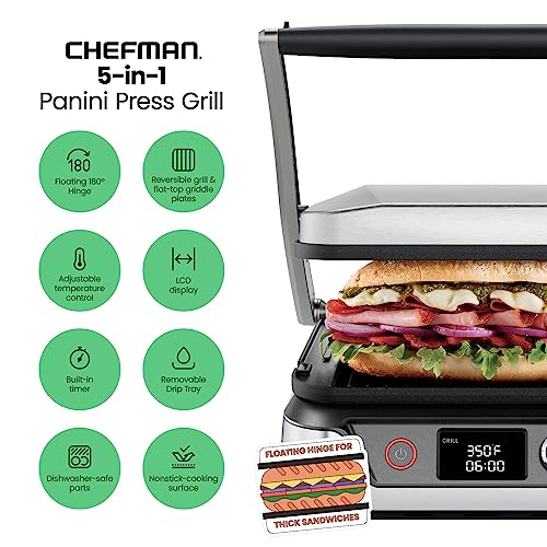 Chefman Panini Press Grill and Gourmet Sandwich Maker, Non-Stick, 4 Slice, Black U13044
