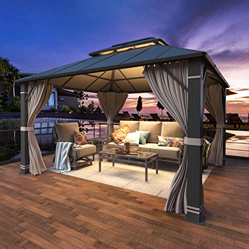 YOLENY 10' x 12' Hardtop Gazebo with Galvanized Steel Double Roof, Netting and Curtains Y84317