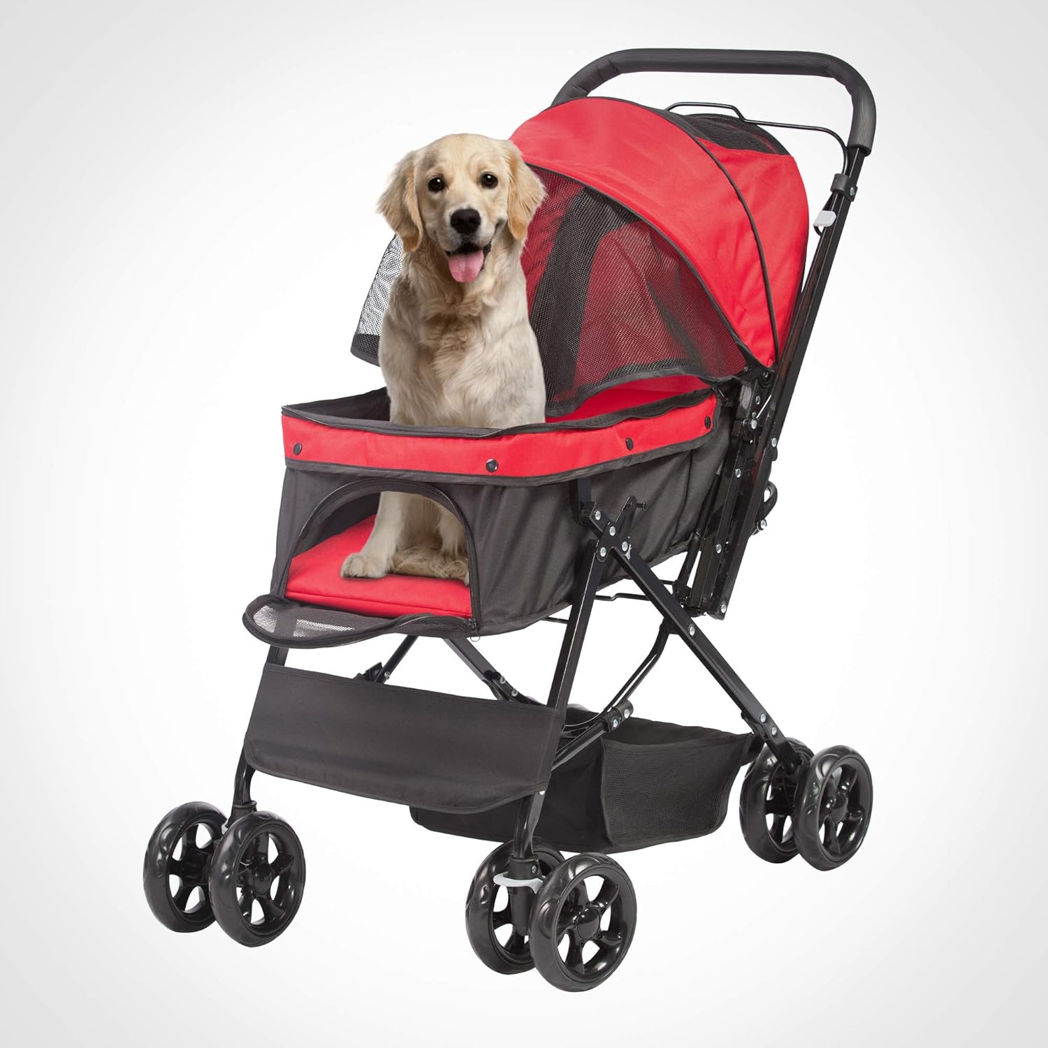 Folding Dog Stroller Travel Cage Stroller for Pet Cat Kitten Puppy Carriages - Large 4 Wheels Elite Jogger - Single or Multiple Pets (Red - 1 cage)