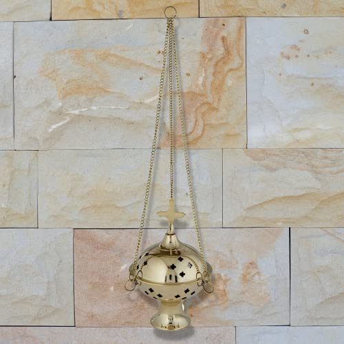 Needzo Brass Hanging Censer Incense Burner with Cross, 12 Inch Chain U677