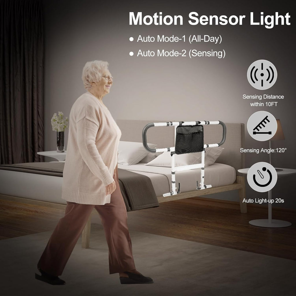 Hotodeal Bed Rail for Elderly Adults Safety, Bed Assist Rail with Adjustable Height & Extendable Dual Side Handles, Bed Safety Rail with Motion Light for Senior & Surgery Patients