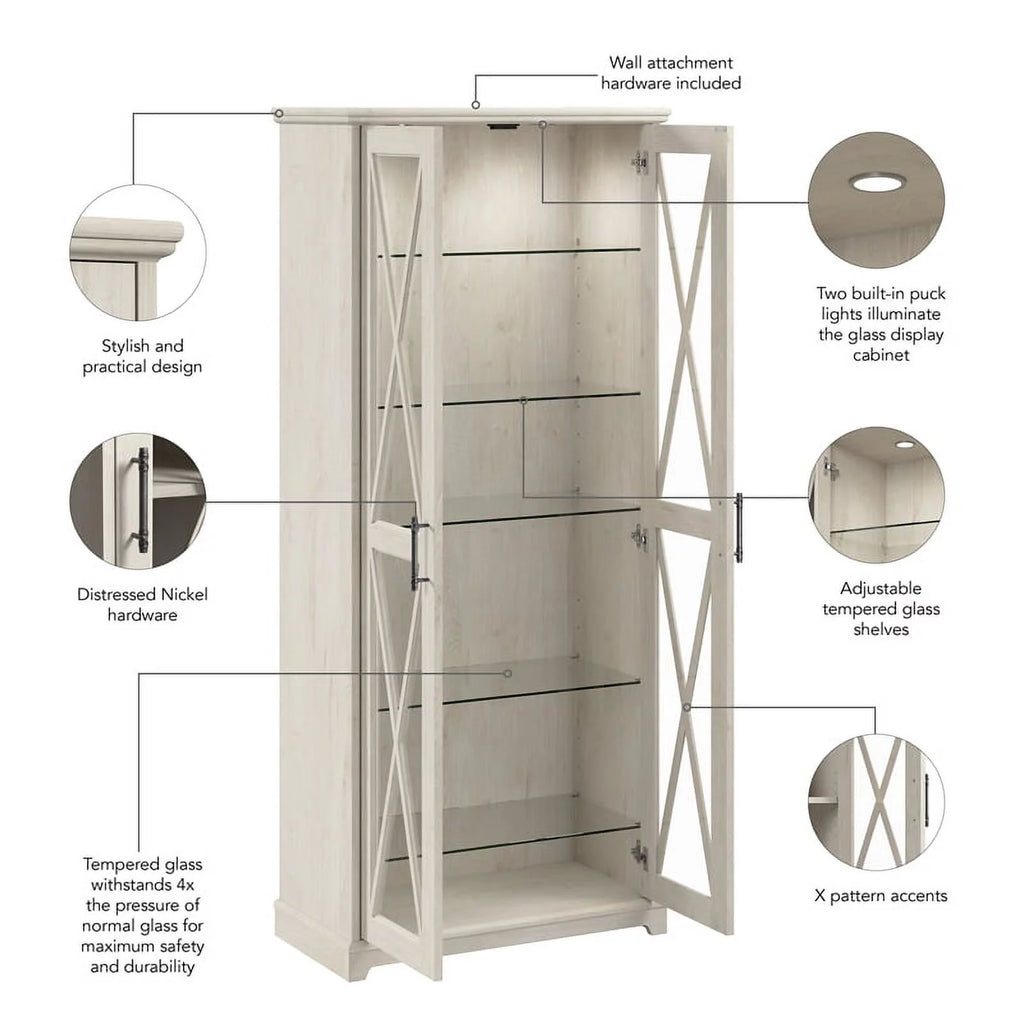 Bowery Hill Engineered Wood Curio Cabinet with Glass Doors in Linen White Oak N911429