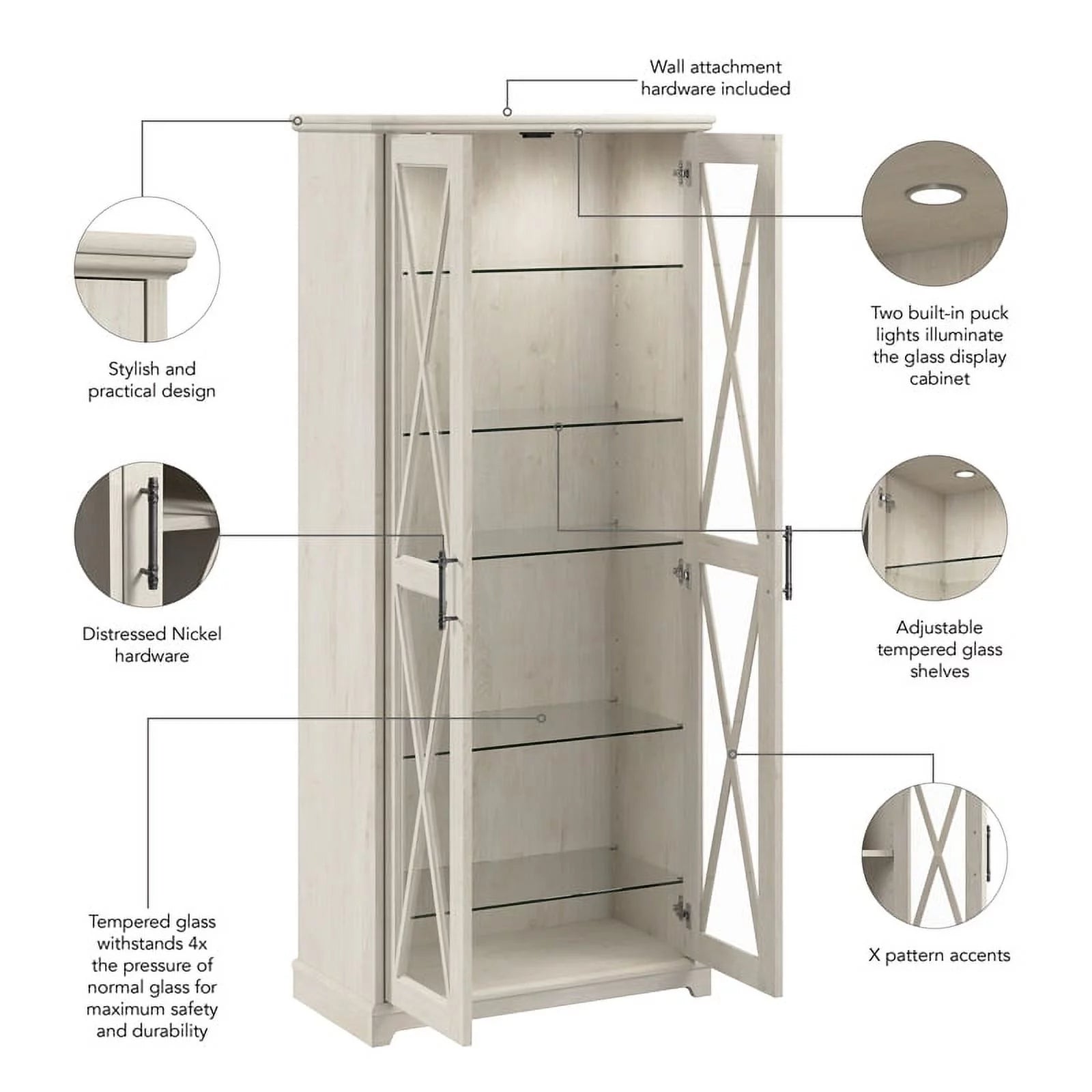 Bowery Hill Engineered Wood Curio Cabinet with Glass Doors in Linen White Oak N911429