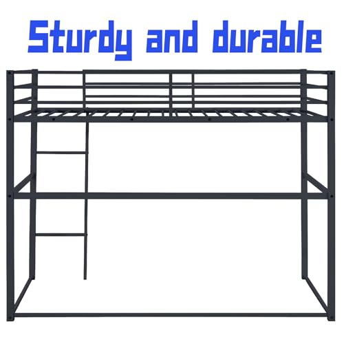 Metal Loft Bed Frame Twin Size with Safety Guard Rails & Built-in Ladder, Black C7852
