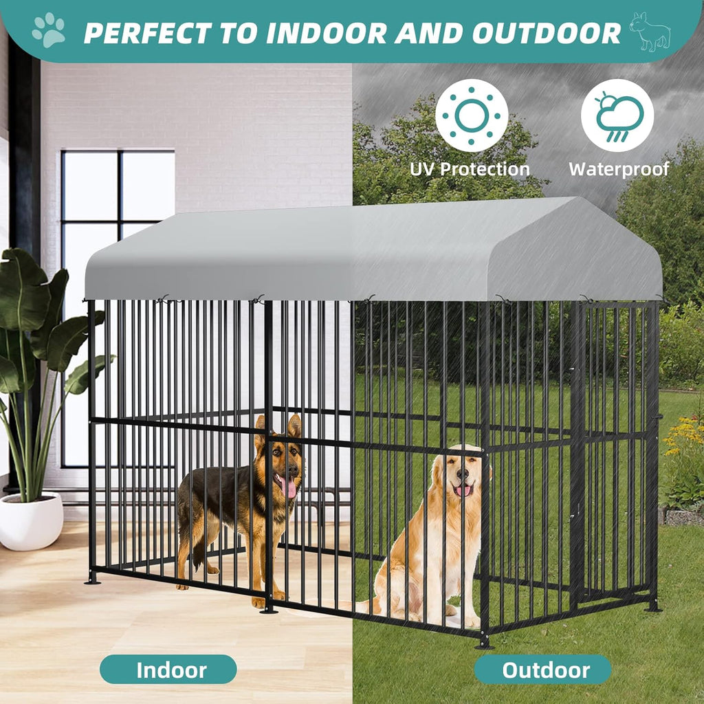 MEETWARM Large Outdoor Dog Kennel, Heavy Duty Metal Pet Playpen with Waterproof Cover T636