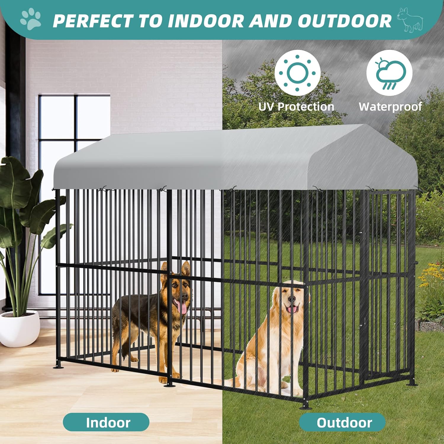 MEETWARM Large Outdoor Dog Kennel, Heavy Duty Metal Pet Playpen with Waterproof Cover T636