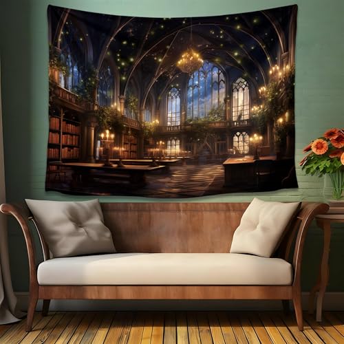 QGHOT Medieval Bookshelf Tapestry Vintage Library Wall Hanging P36533