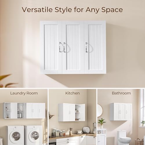 Yaheetech Bathroom Wall Cabinet with Three Doors and Adjustable Shelf, White D80401