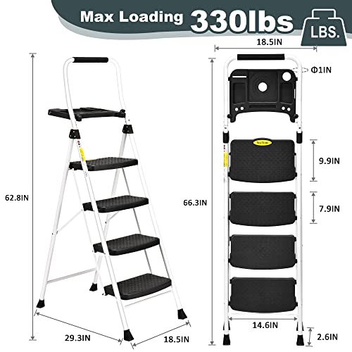 SocTone 3 Step Ladder, Folding Step Stool for Adults with Handle, 500lbs Capacity, White H81610