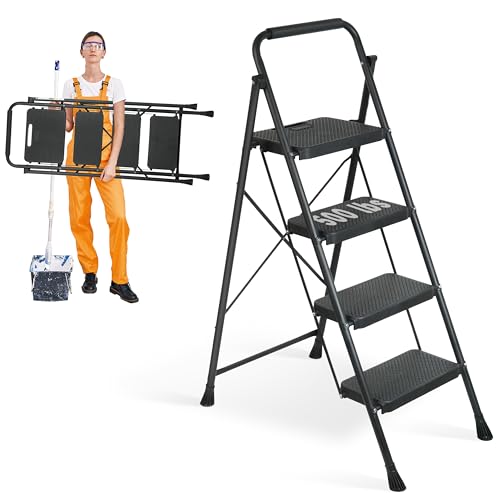 3 Step Ladder, Portable Steel Folding Stool with Anti-Slip Pedal, Black T5115
