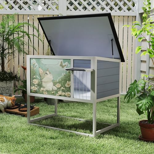 Raised Outdoor Cat House Weatherproof Insulated Shelter with Openable Top E5308