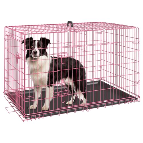 FDW Dog Crate Dog Cage Pet Crate for Large Dogs Folding Metal Pet Cage Double Door W/Divider Panel Indoor Outdoor Dog Kennel Leak-Proof Plastic Tray Wire Animal Cage (Black, 48 Inch)