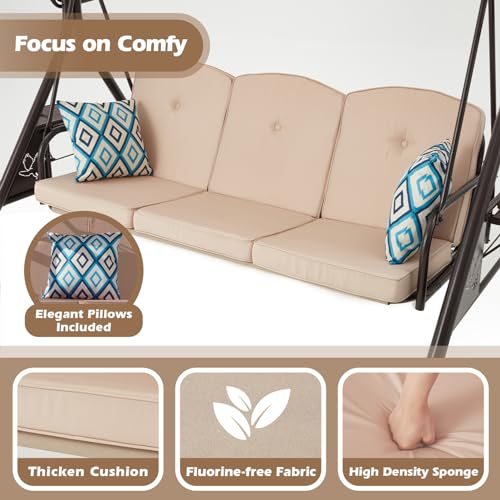 800LBS Patio Swing with Canopy 3 Seat Outdoor Porch Swing with Stand, Cup Holder & Pillow (Green) O887