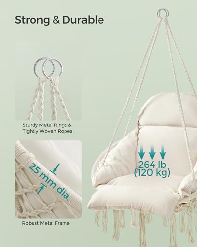 SONGMICS Hanging Chair with Large Thick Cushion, Boho Swing Chair, Cream White C225966
