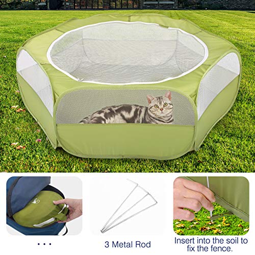 Pawaboo Small Animals Playpen, Waterproof Pet Cage Tent with Zippered Cover, Portable Outdoor Yard Fence, Green C9530