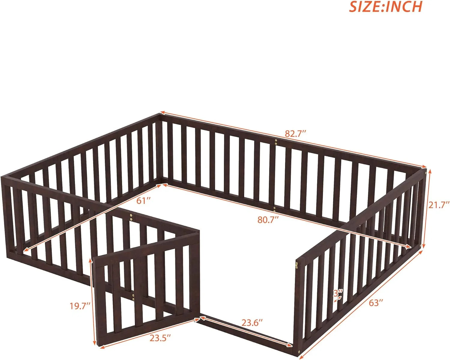 Walnut Queen Montessori Floor Bed with Fence for Kids F162987