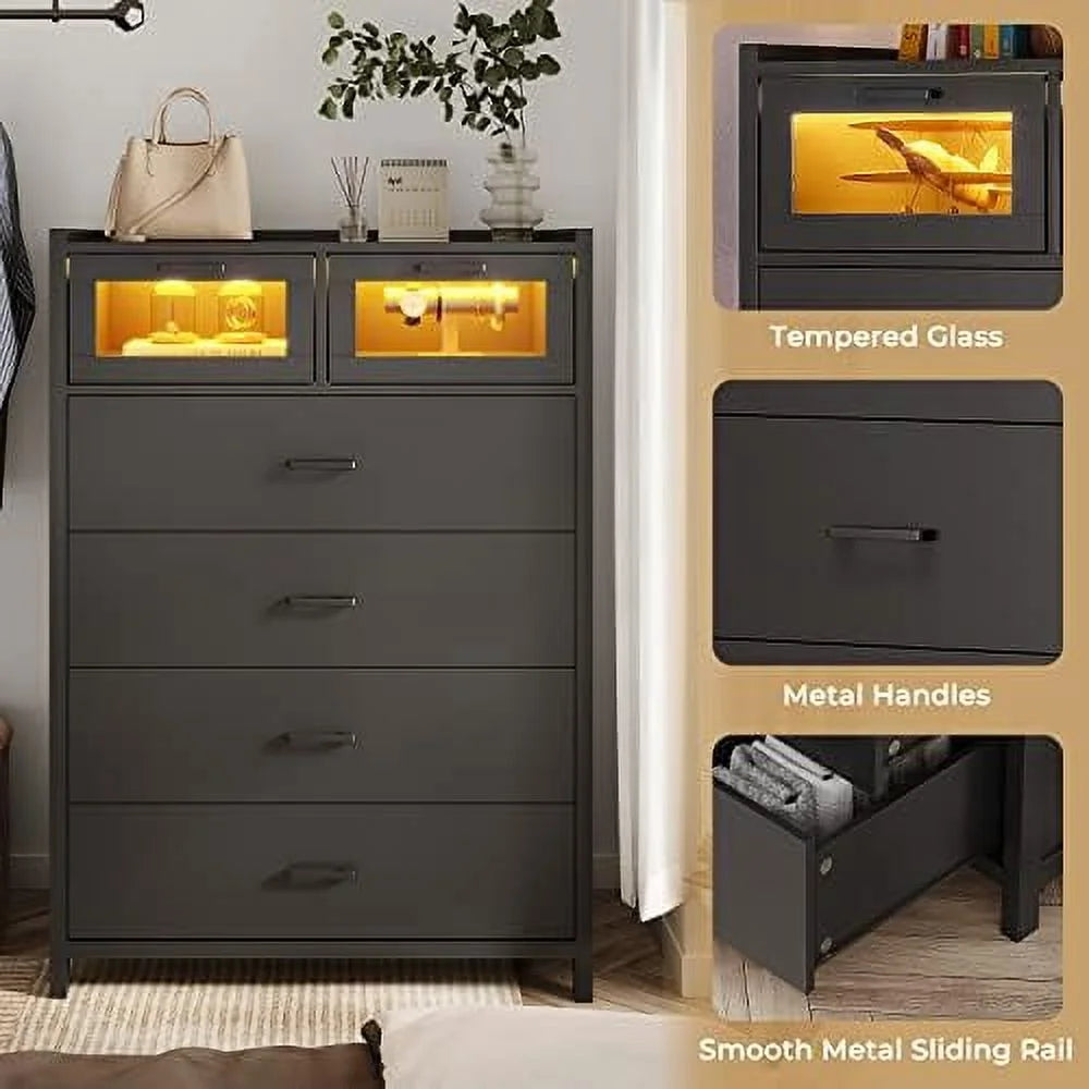 HJZBNONE 6-Drawer Dresser with LED Lights for Bedroom E483