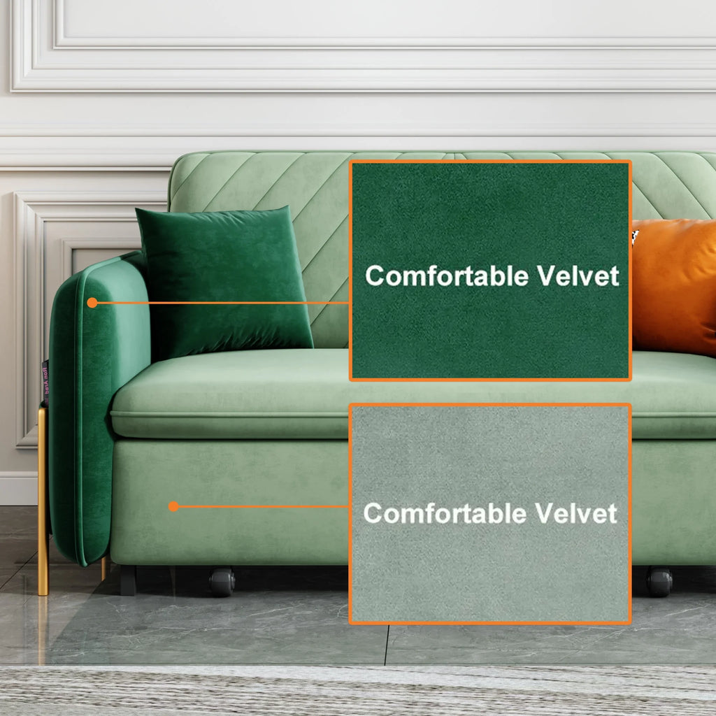 Green Velvet Convertible Sofa Bed Sleeper with Pullout Bed S663779