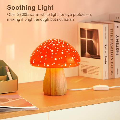 BOHON Mushroom Lamp, Ceramic Bedside Nightstand Light, Pink, LED Bulb Included T88188
