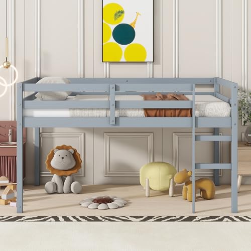 Twin Size Low Loft Bed with Ladder and Safety Guardrail, Solid Wood, White D5235