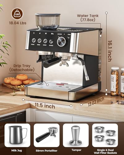 Espresso Machine with Grinder, 20 Bar, Milk Frother H74146