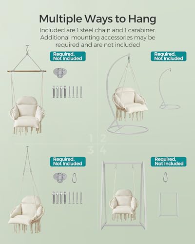 SONGMICS Hanging Chair with Large Thick Cushion, Boho Swing Chair, Cream White C225966