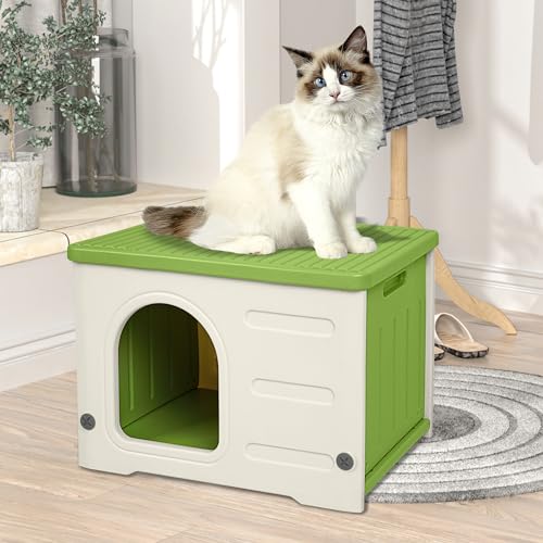 Plastic Cat House for Outdoor Indoor Use, Stackable, Insulated, Waterproof - Green C65779