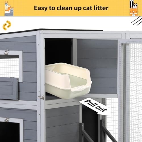 Outdoor Catio Large Cat Enclosure House Weatherproof with 2 Resting Rooms and Platforms B9583