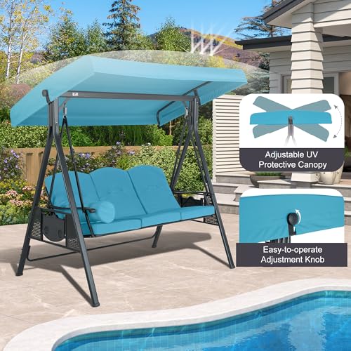 PURPLE LEAF Outdoor Patio Porch Swing with Adjustable Canopy, 3-Seat Bench, Grey W393