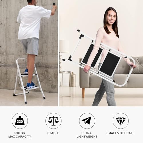 Soctone 2 Step Folding Ladder with Anti-Slip Pedal and Handrails, White V202