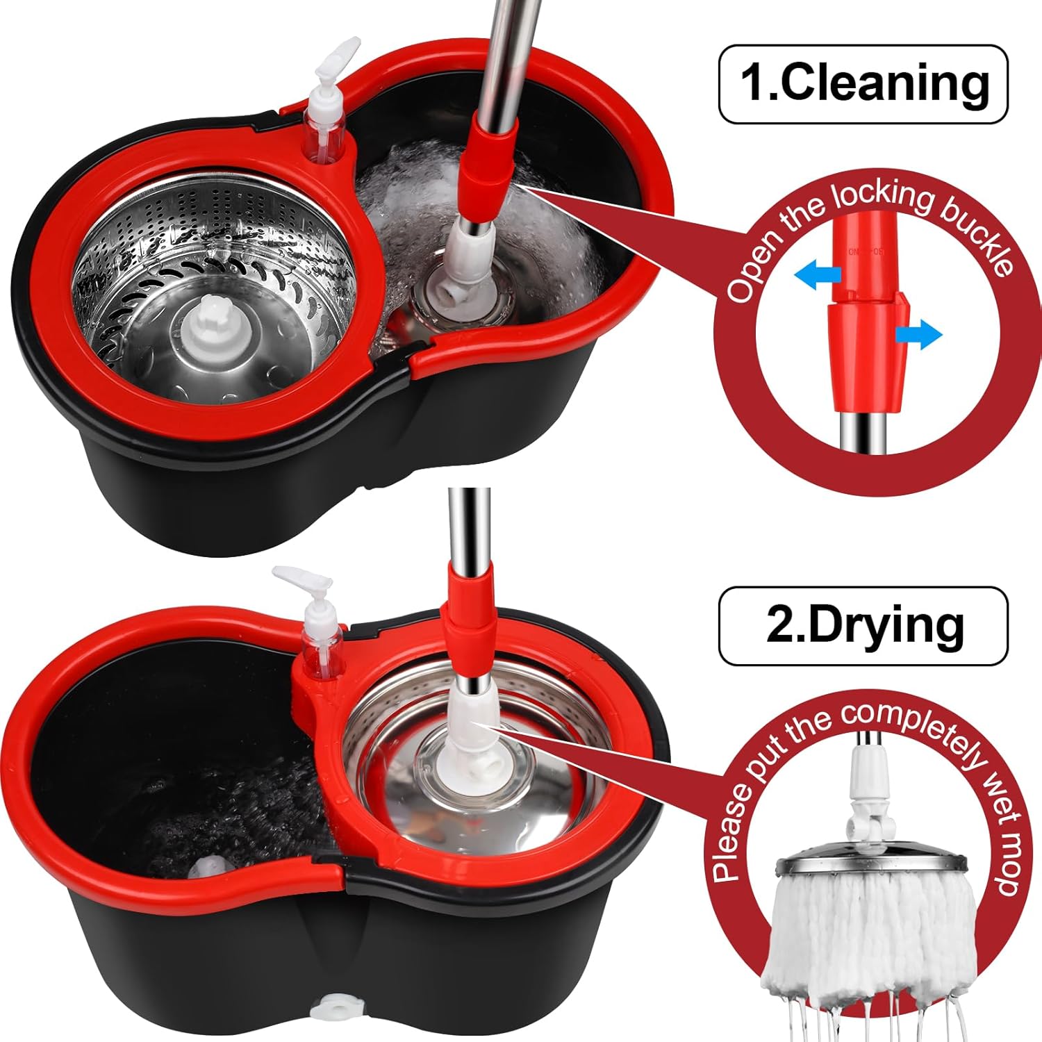 Mop Bucket with Wringer Set, 360 Rotation, 3 Microfiber Mop Heads, Black D15592