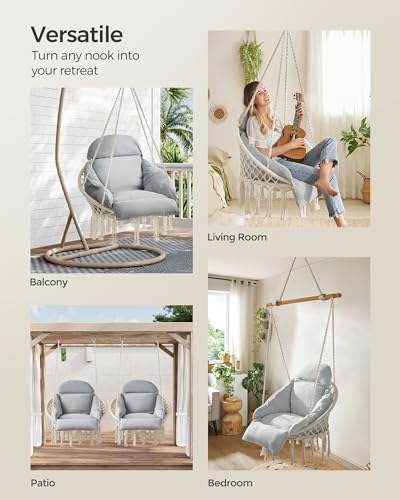 SONGMICS Hanging Chair with Large Thick Cushion, Boho Swing Chair, Cream White C225966