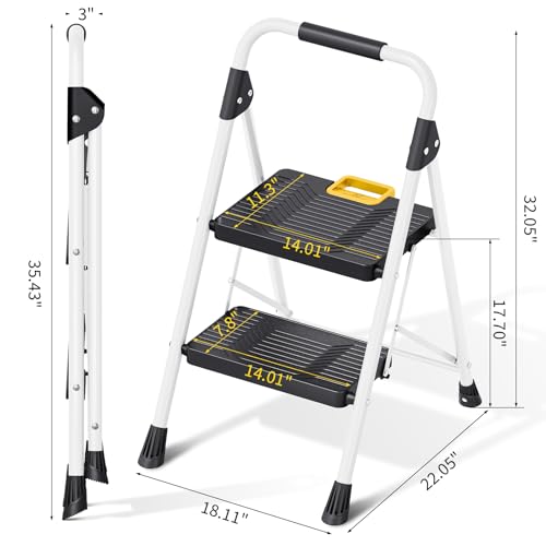 KINGRACK 3 Step Folding Ladder, 800lbs Capacity, Non-Skid Wide Pedals, White W71585