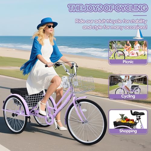 26 Inch 7 Speed Adult Tricycle, 3 Wheel Beach Cruiser Bike with Backrest and Baskets V183109