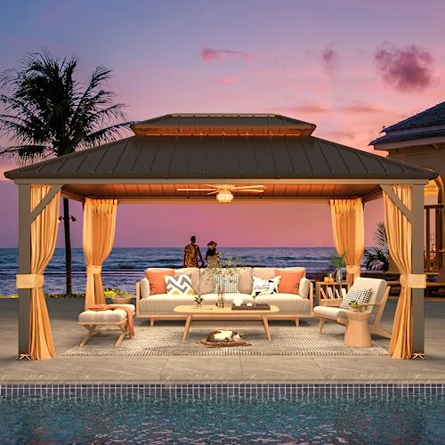 YOLENY 10' x 12' Hardtop Gazebo with Galvanized Steel Double Roof, Netting and Curtains Y84317