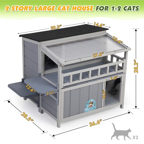 Outdoor Cat House 2-Tier Wood Shelter with Sunlight Roof, Gray J986