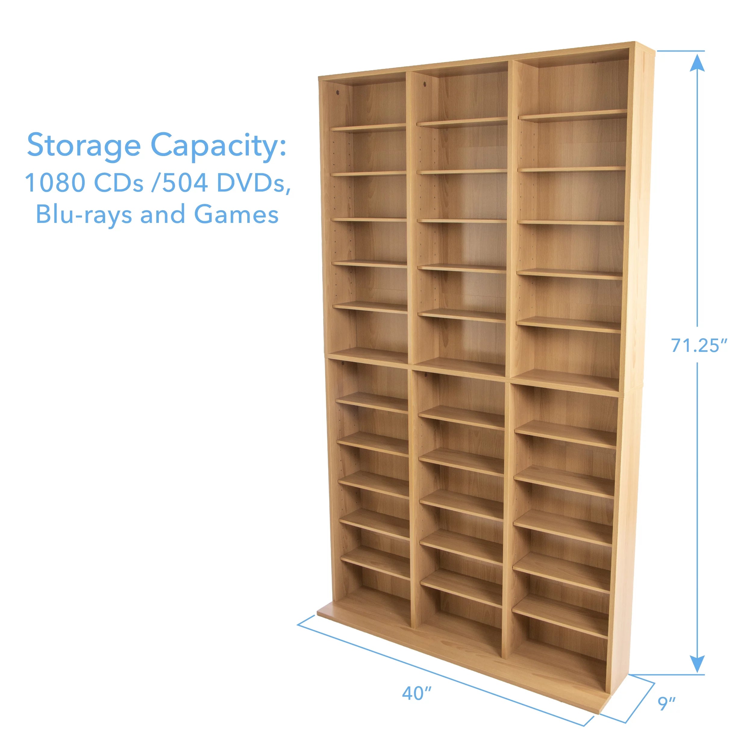 Atlantic Oskar Adjustable Wood Media Storage Bookcase, Maple Y371
