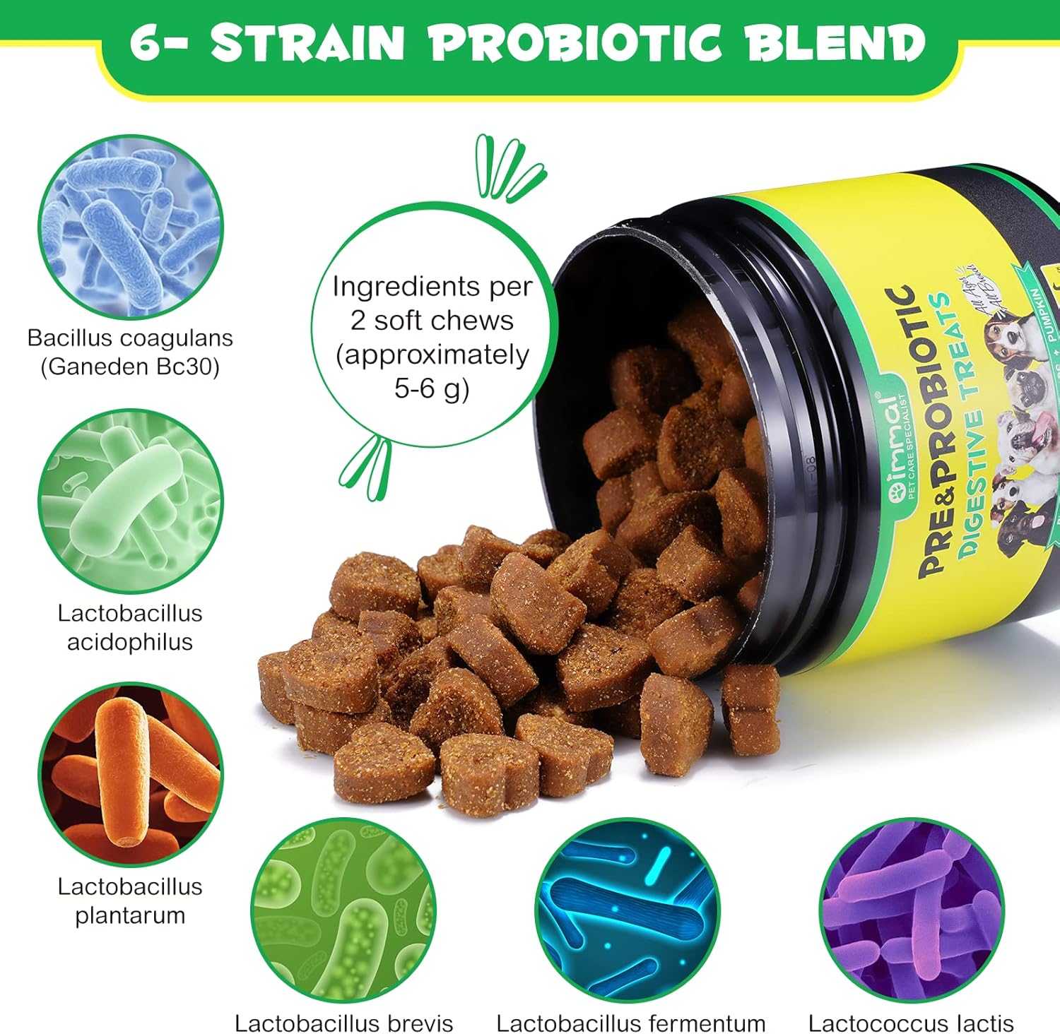 Probiotics for Dogs Digestive Enzymes & Gut Health, 120 Soft Chews, Duck Flavor A90169