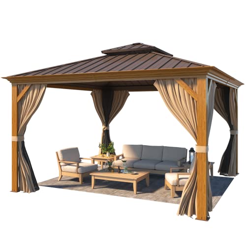 YOLENY 10' x 12' Hardtop Gazebo with Galvanized Steel Double Roof, Netting and Curtains Y84317