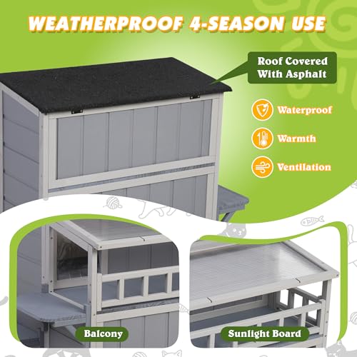 Outdoor Cat House 2-Tier Wood Shelter with Sunlight Roof, Gray J986