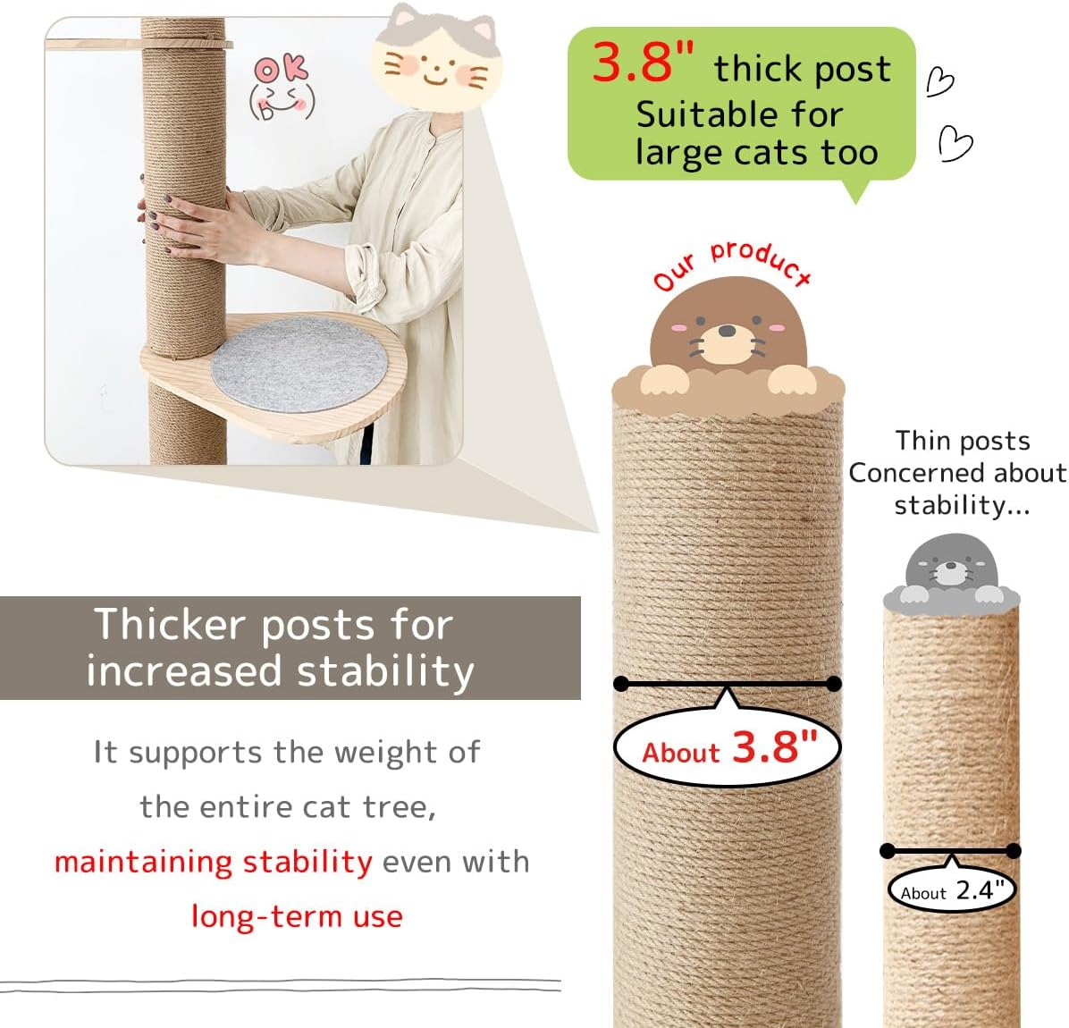 Cat Climbing Tower Floor-to-Ceiling with Natural Sisal Rope Scratching Post Y359