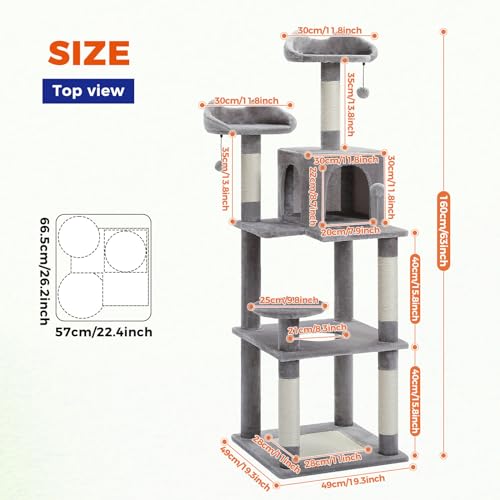 63'' Cat Tree Tower with Condo, Scratching Post, Grey D38106